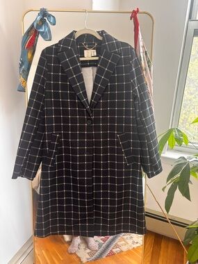 Joie Navy and White Windowpane Single-Button Pea Coat
